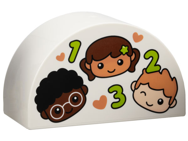 Duplo, Brick 2 x 4 x 2 Slope Curved Double with Children, Medium Nougat Hearts and Lime Number 1 2 and 3 Pattern