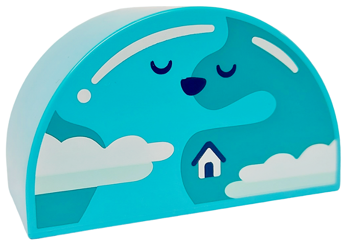 Duplo, Brick 2 x 4 x 2 Slope Curved Double with Earth with House, Black Closed Eyes and Nose, Dark Turquoise Land and White Clouds Pattern
