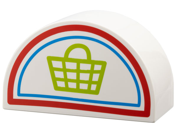 Duplo, Brick 2 x 4 x 2 Slope Curved Double with Lime Shopping Basket and Red and Dark Azure Borders Pattern