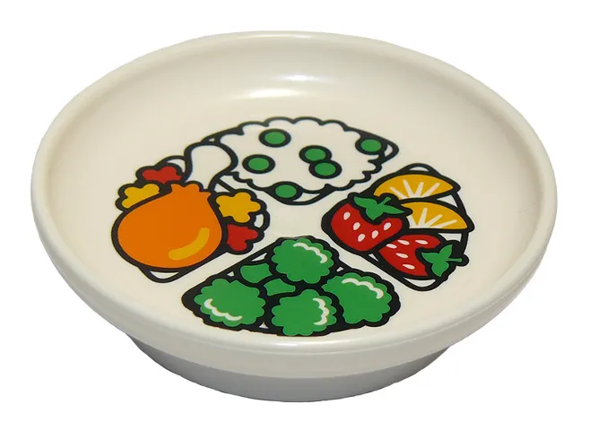 Duplo Utensil Dish 3 x 3 with Chicken Leg, Rice with Peas, Brocolli, Strawberries, and Oranges Pattern