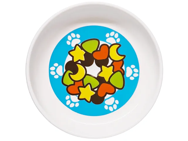 Duplo Utensil Dish 3 x 3 with Yellow, Lime and Reddish Orange Moons, Stars, Triangles and Hearts, Paw Prints on Medium Azure Background Pattern