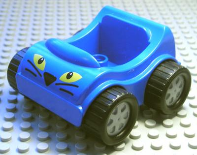 Duplo Car with Molded Pearl Light Gray Wheels and Black Treaded Tires with Yellow Eyes, Black Nose and Whiskers Pattern