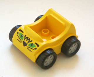 Duplo Car with Molded Pearl Light Gray Wheels and Black Treaded Tires with Green Eyes, Black Nose, Whiskers, and Markings Pattern