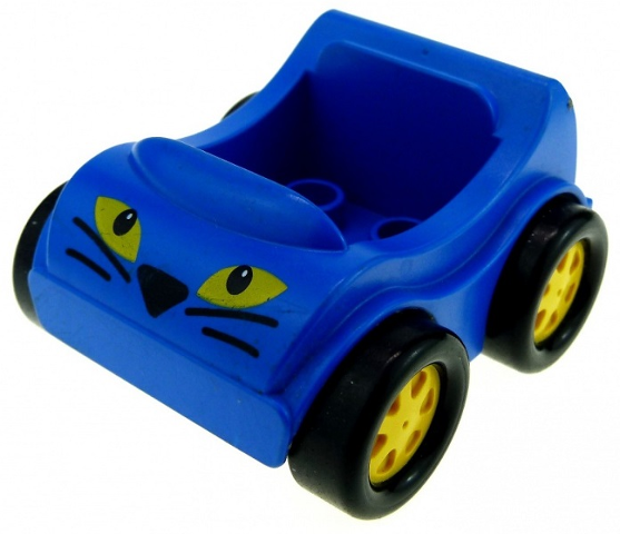 Duplo Car with Molded Yellow Wheels and Black Smooth Tires with Yellow Eyes, Black Nose and Whiskers Pattern