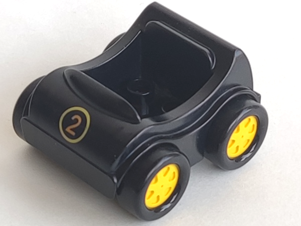 Duplo Car with Molded Yellow Wheels and Black Smooth Tires with Yellow Number 2 in Circle Pattern