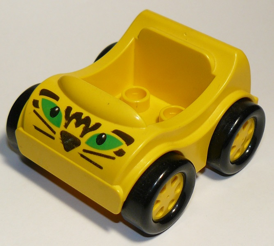 Duplo Car with Molded Yellow Wheels and Black Smooth Tires with Green Eyes, Black Nose, Whiskers, and Markings Pattern
