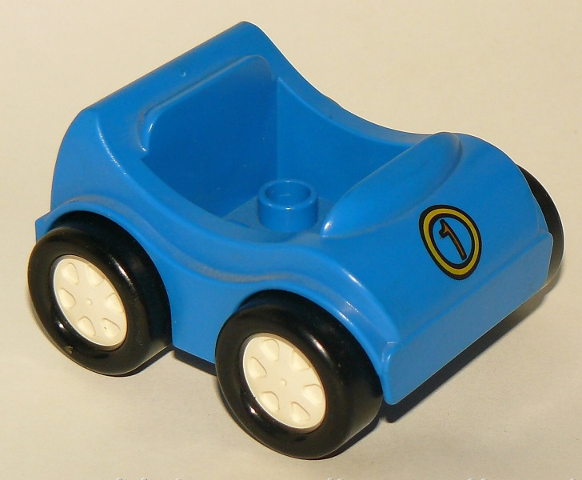 Duplo Car with White Wheels and Black Smooth Tires with Yellow Number 1 in Circle Pattern
