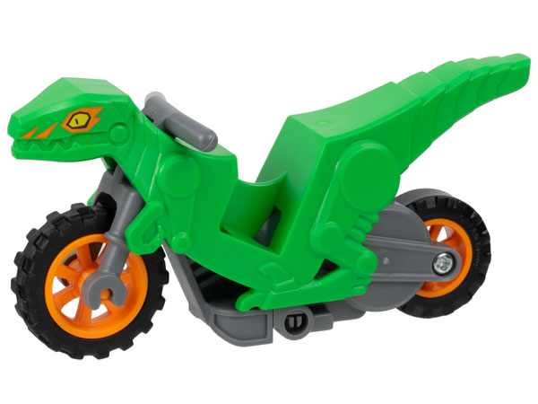 Stuntz Flywheel Motorcycle Velociraptor Bike with Dark Bluish Gray Frame, Orange Wheels, and Dark Bluish Gray Handlebars with Yellow Eyes and Orange Markings Pattern