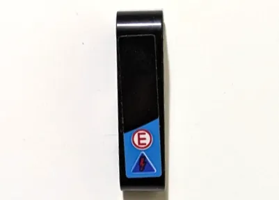 Technic, Liftarm, Modified Bent Thick L-Shape 2 x 4 with Dark Azure Trapezoid Stripe, Red Capital Letter E in White Circle and Blue Electricity Danger Triangle Pattern Model Left Side (Sticker) - Set 42162