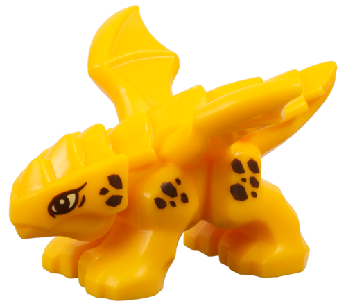 Dragon, Baby with 4 Feet and Open Wings with Bright Light Yellow Eyes and Reddish Brown Scales Pattern