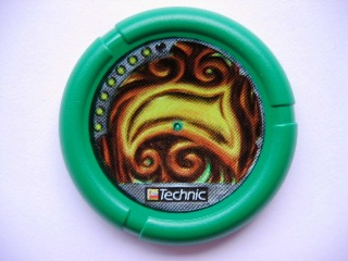 Throwing Disk with Throwbot Amazon / Slizer Jungle 7 Pips, LEGO Technic Logo, and Glowing Swirled Wood Pattern