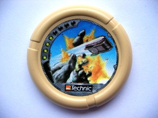 Throwing Disk with Throwbot Granite / Slizer Rock 4 Pips, LEGO Technic Logo, and Flying Box Hitting Rock Pattern