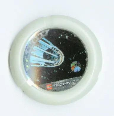 Throwing Disk with Throwbot Flare 2 Pips, LEGO Technic Logo, and Meteor Heading to Sectioned Planet Pattern