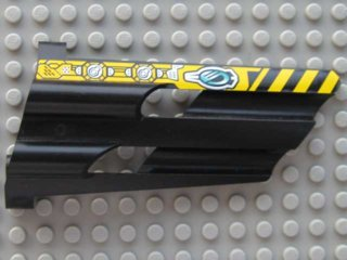 Technic, Panel Fairing # 3 Large Long, Large Holes, Side A with Black and Yellow Dange Stripes, 'CM' and Machinery Pattern (Sticker) - Set 8450