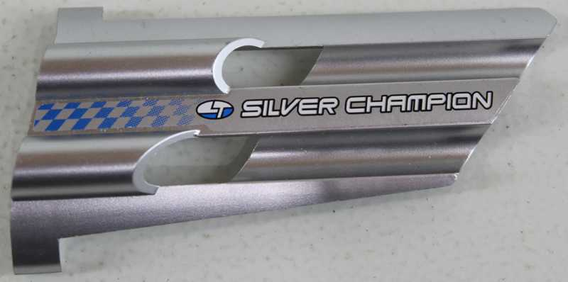 Technic, Panel Fairing # 3 Large Long, Large Holes, Side A with White 'SILVER CHAMPION' and Fading Blue Checkered Pattern (Sticker) - Set 8458