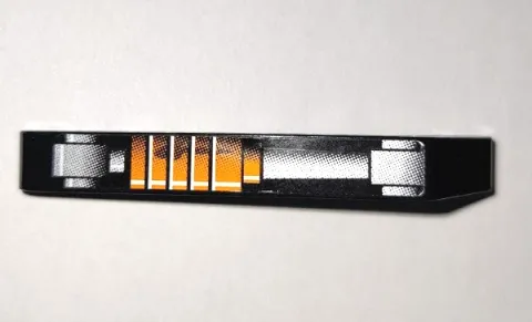 Technic, Liftarm, Modified Bent Thick 1 x 9 (7 - 3) with Orange and Silver Shock Absorber Pattern (Sticker) - Set 8307