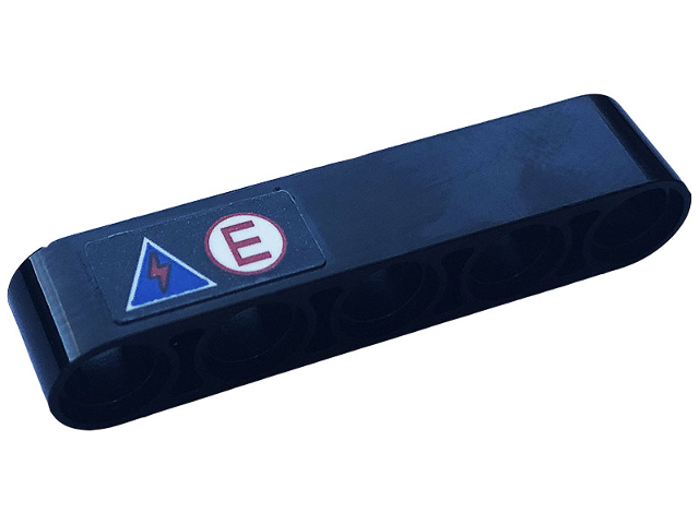 Technic, Liftarm Thick 1 x 5 with Red Letter 'E' and Red Flash in a Blue Triangle Pattern (Sticker) - Set 42123
