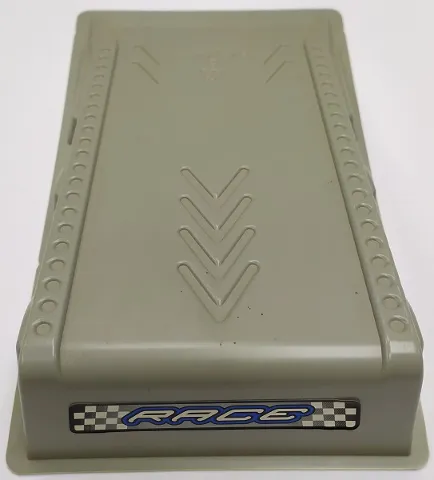Baseplate, Raised Ramp 17 x 28 x 4 1/2 with White 'RACE' Outlined in Blue on Checkered Background Pattern (Sticker) - Set 8238