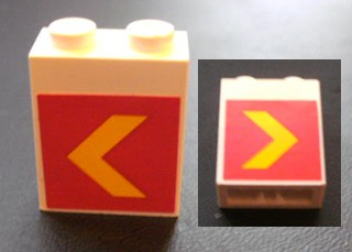 Brick 1 x 2 x 2 with Inside Axle Holder with Yellow Chevron on Red Background Pattern on Both Sides (Stickers) - Set 1255