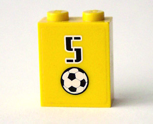 Brick 1 x 2 x 2 with Inside Axle Holder with Number  5 and Soccer Ball (Football) Pattern (Sticker) - Set 3424