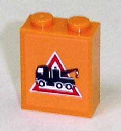 Brick 1 x 2 x 2 with Inside Axle Holder with Tow Truck Danger Sign Pattern Facing Left (Sticker) - Sets 7638 / 7642 / 7686