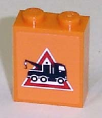 Brick 1 x 2 x 2 with Inside Axle Holder with Tow Truck Danger Sign Pattern Facing Right (Sticker) - Sets 7638 / 7642 / 7686