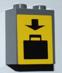 Brick 1 x 2 x 2 with Inside Axle Holder with Black Arrow and Suitcase on Yellow Background Pattern (Sticker) - Set 3182