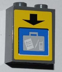 Brick 1 x 2 x 2 with Inside Axle Holder with Black Arrow and Suitcase on Screen on Yellow Background Pattern (Sticker) - Set 3182