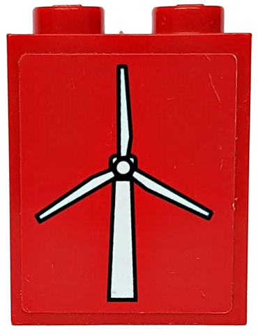 Brick 1 x 2 x 2 with Inside Axle Holder with White Wind Turbine Pattern on Red Background (Sticker) - Set 7747
