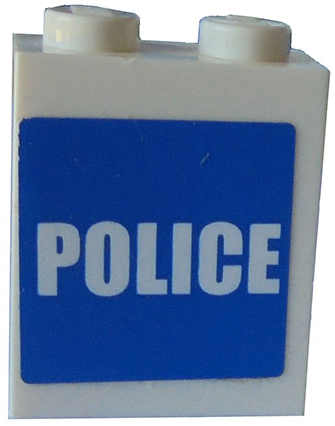 Brick 1 x 2 x 2 with Inside Axle Holder with White 'POLICE' on Blue Background Pattern (Sticker) - Set 7498