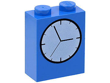 Brick 1 x 2 x 2 with Inside Axle Holder with White Clock Face with Black Hands and Tick Marks Pattern