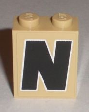 Brick 1 x 2 x 2 with Inside Stud Holder with Black Capital Letter N with White Outline Pattern (Sticker) - Set 8211