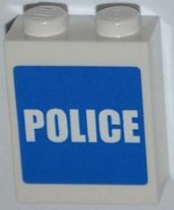 Brick 1 x 2 x 2 with Inside Stud Holder with White 'POLICE' on Blue Background Pattern (Sticker) - Set 7498