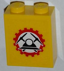 Brick 1 x 2 x 2 with Inside Stud Holder with Miners Logo (Helmet with Crossed Pickaxes in Gear) on Transparent Background Pattern (Sticker) - Set 4203
