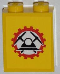 Brick 1 x 2 x 2 with Inside Stud Holder with Miners Logo (Helmet with Crossed Pickaxes in Gear) on Yellow Background Pattern (Sticker) - Set 4202