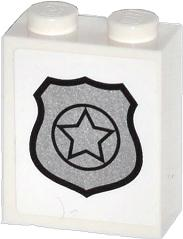 Brick 1 x 2 x 2 with Inside Stud Holder with Silver Police Badge Pattern (Sticker) - Sets 60044 / 60046