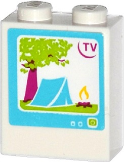Brick 1 x 2 x 2 with Inside Stud Holder with 'TV', Tree, Tent and Campfire on Screen Pattern (Sticker) - Set 41034