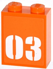 Brick 1 x 2 x 2 with Inside Stud Holder with White '03' on Orange Background Pattern (Sticker) - Set 60035