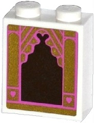 Brick 1 x 2 x 2 with Inside Stud Holder with Mirror with Dark Pink and Gold Frame and 2 Hearts Pattern (Sticker) - Set 41060