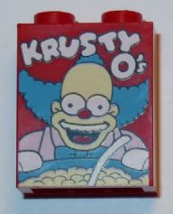 Brick 1 x 2 x 2 with Inside Stud Holder with 'KRUSTY O's' Cereal Box Pattern