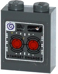 Brick 1 x 2 x 2 with Inside Stud Holder with Red Targets, Dark Purple Spiral, and Black 'TARGET ENGAGE' Pattern (Sticker) - Set 70168