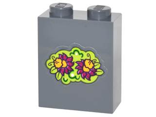 Brick 1 x 2 x 2 with Inside Stud Holder with Magenta and Bright Light Orange Flowers and Lime Leaves Pattern (Sticker) - Set 41175
