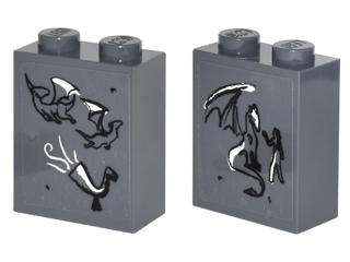 Brick 1 x 2 x 2 with Inside Stud Holder with 2 Dragons and Horn Front, 1 Dragon and Figure Back on Transparent Background Pattern (Stickers) - Set 41178