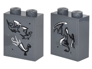 Brick 1 x 2 x 2 with Inside Stud Holder with 2 Dragons and Horn Front, 1 Dragon and Figure Back on Transparent Background Pattern (Stickers) - Set 41178