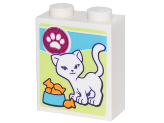 Brick 1 x 2 x 2 with Inside Stud Holder with Box of Cat Treats with White Cat, White Paw Print and Bowl of Goldfish Pattern (Sticker) - Set 41305