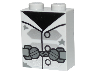 Brick 1 x 2 x 2 with Inside Stud Holder with Jacket with Buttons and Silver Shapes over Black Shirt, Belt with Dark Silver Clasps Pattern (BrickHeadz Armando Salazar Torso)