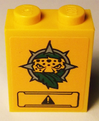 Brick 1 x 2 x 2 with Inside Stud Holder with Leopard Head, Leaves and Black Panel with Exclamation Mark Pattern (Sticker) - Set 60158