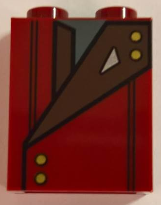 Brick 1 x 2 x 2 with Inside Stud Holder with Black Outlined Open Jacket with Dark Brown Lapels and Gold Buttons Pattern (BrickHeadz Star-Lord Torso)