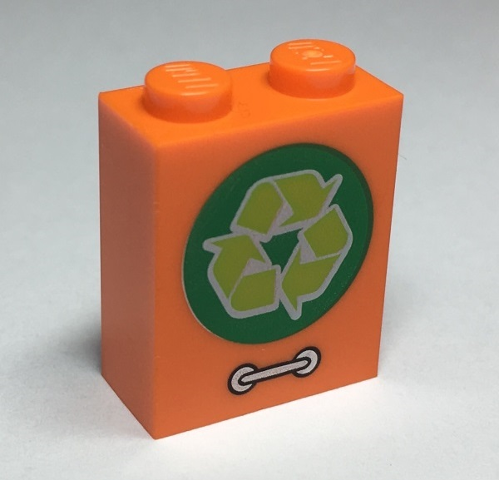 Brick 1 x 2 x 2 with Inside Stud Holder with Lime Recycling Arrows in Green Circle and Silver Door Handle Pattern