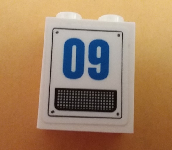Brick 1 x 2 x 2 with Inside Stud Holder with Blue '09' and Grille Pattern (Sticker) - Set 60167